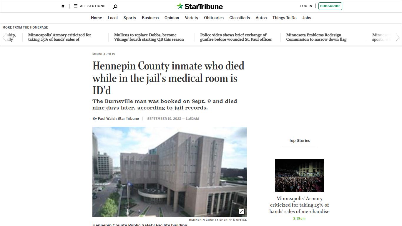 Hennepin County inmate who died while in the jail's medical room is ID'd